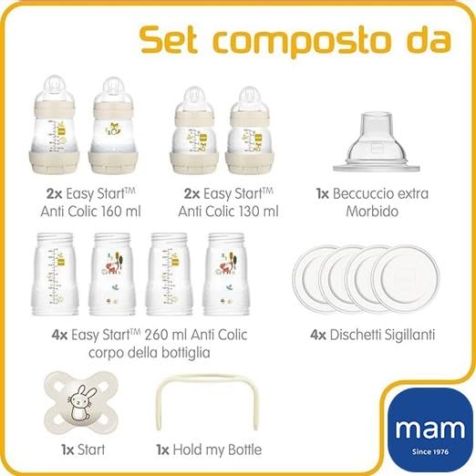 MAM Easy Start Anti-Colic Set | Babyflaschen-Set für Neugeborene | 94% Akzeptanz | 80 % weniger Koliken | 8 Flaschen (130, 160, 260ml), 1 Start Schnuller, 1 Griff, 1 Trinkschnabel | 0+ Mon | beige
