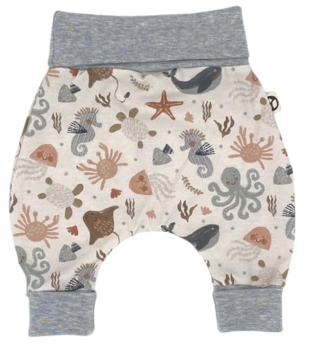Handmade Baby Baggy Trousers, Handmade Cotton Jersey Grows with Your Gown, Sizes 50-74, 68-86, 92-104, Fairly Produced in Germany (Sea Creatures, 50-74)