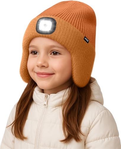 ATNKE Kinder LED Beleuchtete Ohrenklappen Mütze mit Licht,USB Wiederaufladbare 4 LED Laufmütze Stirnlampe Winter Warm Fleece Gefüttert Strick Mütze Geschenke für Jungen und Mädchen