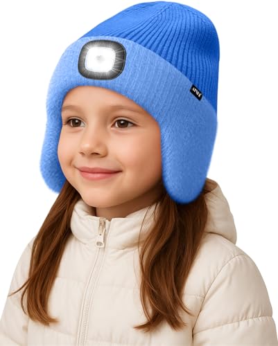 ATNKE Kinder LED Beleuchtete Ohrenklappen Mütze mit Licht,USB Wiederaufladbare 4 LED Laufmütze Stirnlampe Winter Warm Fleece Gefüttert Strick Mütze Geschenke für Jungen und Mädchen