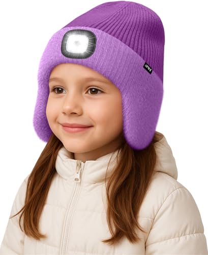 ATNKE Kinder LED Beleuchtete Ohrenklappen Mütze mit Licht,USB Wiederaufladbare 4 LED Laufmütze Stirnlampe Winter Warm Fleece Gefüttert Strick Mütze Geschenke für Jungen und Mädchen