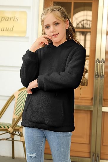 Runcati Girls' Hooded Pullover, Fuzzy Teddy Fleece Sweatshirts with Hood Pockets, Leisure, Warm, Children's Hoodies
