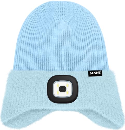 ATNKE Kinder LED Beleuchtete Ohrenklappen Mütze mit Licht,USB Wiederaufladbare 4 LED Laufmütze Stirnlampe Winter Warm Fleece Gefüttert Strick Mütze Geschenke für Jungen und Mädchen