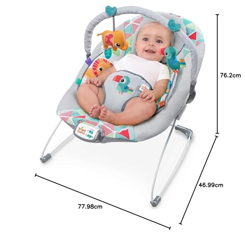 Bright Starts, Babywippe Babyschaukel Safari Fun mit Beruhigenden Vibrationen, Spielbogen mit 2 Spielzeugen, 3-Punkte-Gurt Sitz, Maschinenwaschbares Sitzpolster, ab der Geburt bis 9kg