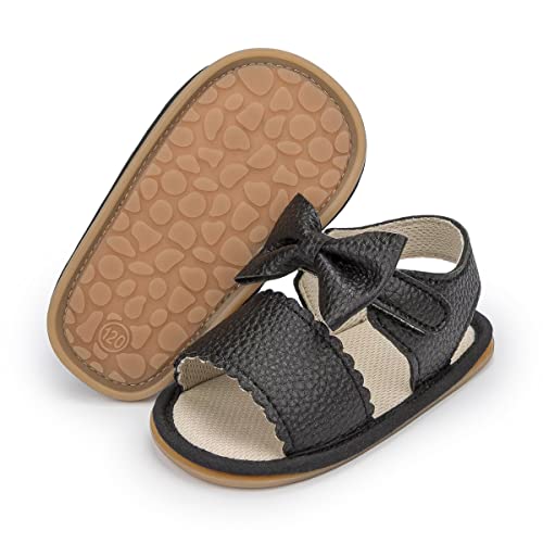 Sonsage Infant Baby Girls Boys Summer Sandals Newborn Bow Crib Sandals Outdoor Beach Toddler PU Leather Soft Rubber Sole Dress Flat First Walking Shoes, a01 Black, 3-18 Months