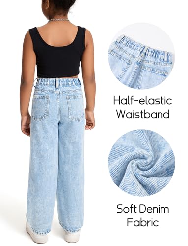 Happy Cherry Mädchen Jean Hosen Loch Wash Denim Blau Hose Kinder Elastische Taille Vintage Jeans Weites Bein Jeanshosen 130-160