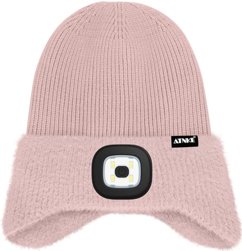 ATNKE Kinder LED Beleuchtete Ohrenklappen Mütze mit Licht,USB Wiederaufladbare 4 LED Laufmütze Stirnlampe Winter Warm Fleece Gefüttert Strick Mütze Geschenke für Jungen und Mädchen