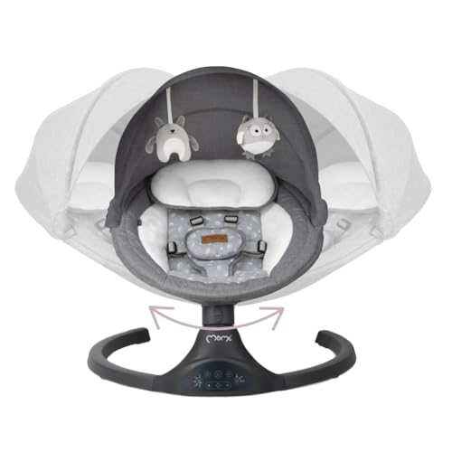 MoMi KENANI baby bouncer for children up to 9 kg, foldable, with remote control & Bluetooth for connecting to a smartphone, battery or power connection, with 5-point safety belt, sun protection, insect net