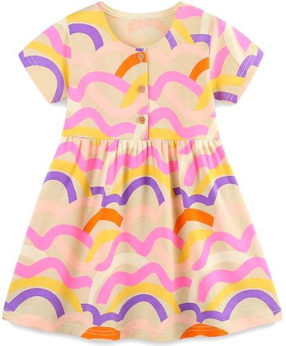 Mädchen Kleider Baumwolle Blumen Knöpfe Streifen Kurzarm T-Shirt Casual Frühling Sommer Kleid für Kinder Größe 92-122, 1-7 Jahre