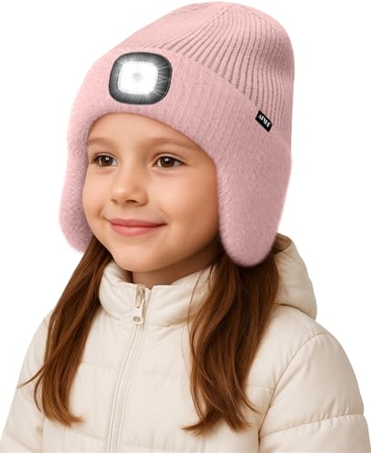 ATNKE Kinder LED Beleuchtete Ohrenklappen Mütze mit Licht,USB Wiederaufladbare 4 LED Laufmütze Stirnlampe Winter Warm Fleece Gefüttert Strick Mütze Geschenke für Jungen und Mädchen