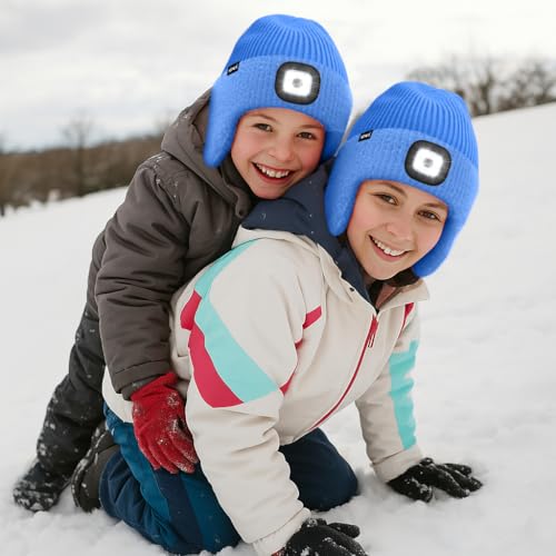 ATNKE Kinder LED Beleuchtete Ohrenklappen Mütze mit Licht,USB Wiederaufladbare 4 LED Laufmütze Stirnlampe Winter Warm Fleece Gefüttert Strick Mütze Geschenke für Jungen und Mädchen