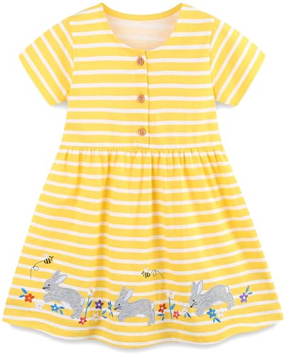 Mädchen Kleider Baumwolle Blumen Knöpfe Streifen Kurzarm T-Shirt Casual Frühling Sommer Kleid für Kinder Größe 92-122, 1-7 Jahre