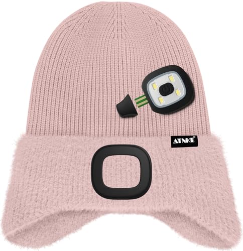 ATNKE Kinder LED Beleuchtete Ohrenklappen Mütze mit Licht,USB Wiederaufladbare 4 LED Laufmütze Stirnlampe Winter Warm Fleece Gefüttert Strick Mütze Geschenke für Jungen und Mädchen