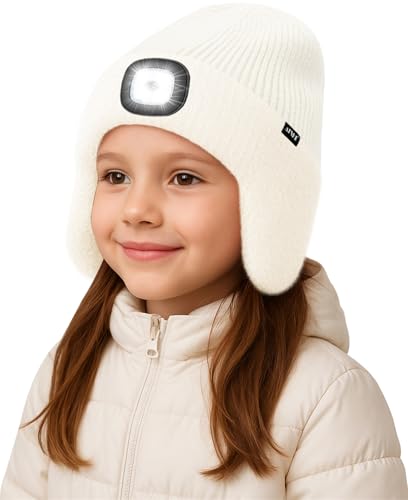 ATNKE Kinder LED Beleuchtete Ohrenklappen Mütze mit Licht,USB Wiederaufladbare 4 LED Laufmütze Stirnlampe Winter Warm Fleece Gefüttert Strick Mütze Geschenke für Jungen und Mädchen