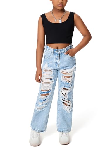Happy Cherry Mädchen Jean Hosen Loch Wash Denim Blau Hose Kinder Elastische Taille Vintage Jeans Weites Bein Jeanshosen 130-160