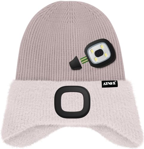 ATNKE Kinder LED Beleuchtete Ohrenklappen Mütze mit Licht,USB Wiederaufladbare 4 LED Laufmütze Stirnlampe Winter Warm Fleece Gefüttert Strick Mütze Geschenke für Jungen und Mädchen