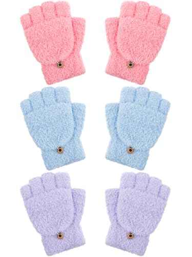 Geyoga 3er Pack Fingerlose Handschuhe mit Klappe Damen Winter Halbfinger Fäustlinge Handschuhe für Kinder