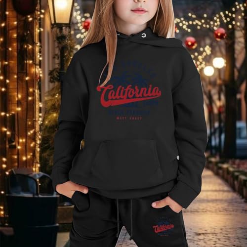 Los Angeles California Herbst-Outfits für Mädchen, 2-teiliges Set mit Kapuze, aktives Kinder-Sweatsuit-Set mit Kapuze, 2025, Sweatshirt mit Kapuze, Sweatpants Set, Winter, lässig, Trainingsanzüge