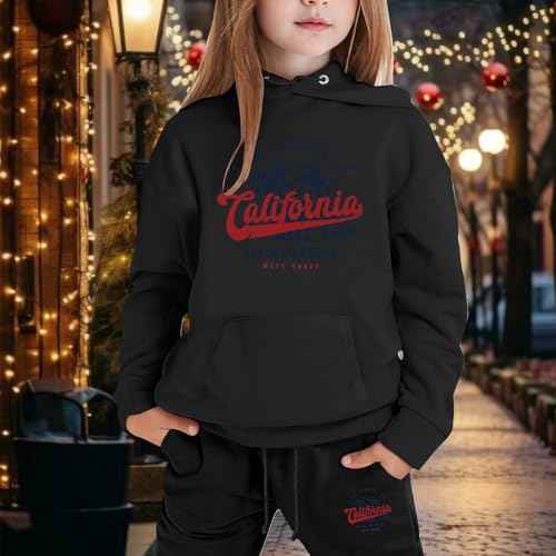 Los Angeles California Herbst-Outfits für Mädchen, 2-teiliges Set mit Kapuze, aktives Kinder-Sweatsuit-Set mit Kapuze, 2025, Sweatshirt mit Kapuze, Sweatpants Set, Winter, lässig, Trainingsanzüge