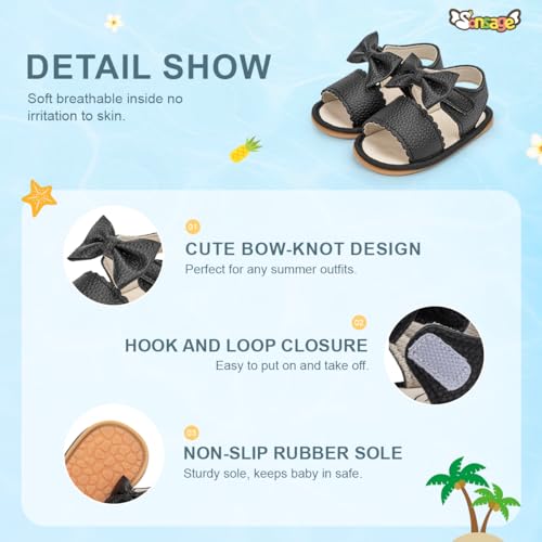 Sonsage Infant Baby Girls Boys Summer Sandals Newborn Bow Crib Sandals Outdoor Beach Toddler PU Leather Soft Rubber Sole Dress Flat First Walking Shoes, a01 Black, 3-18 Months