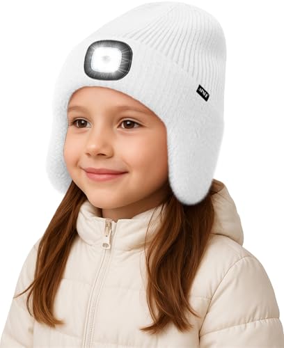 ATNKE Kinder LED Beleuchtete Ohrenklappen Mütze mit Licht,USB Wiederaufladbare 4 LED Laufmütze Stirnlampe Winter Warm Fleece Gefüttert Strick Mütze Geschenke für Jungen und Mädchen
