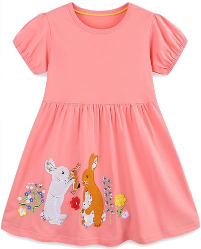 Mädchen Kleider Baumwolle Blumen Knöpfe Streifen Kurzarm T-Shirt Casual Frühling Sommer Kleid für Kinder Größe 92-122, 1-7 Jahre