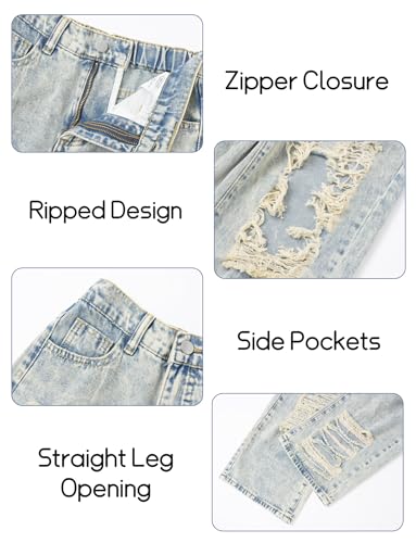 Happy Cherry Mädchen Jean Hosen Loch Wash Denim Blau Hose Kinder Elastische Taille Vintage Jeans Weites Bein Jeanshosen 130-160