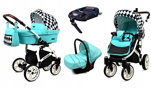 BabyLux® Kinderwagen Set 4 in 1 - Optimal - incl. Babywanne, Buggy Sportsitz, Auto-Babyschale, ISOFIX-Basisstation - Autositz - Kinderwagenset - Kombikinderwagen mit Wickeltasche usw.