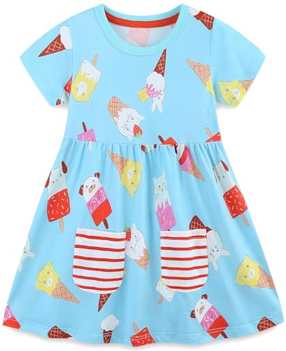 Mädchen Kleider Baumwolle Blumen Knöpfe Streifen Kurzarm T-Shirt Casual Frühling Sommer Kleid für Kinder Größe 92-122, 1-7 Jahre