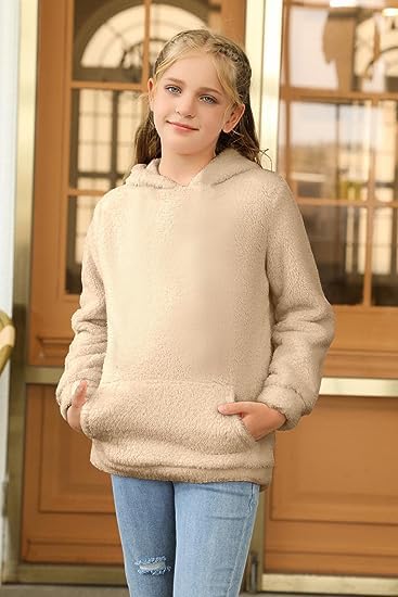 Runcati Girls' Hooded Pullover, Fuzzy Teddy Fleece Sweatshirts with Hood Pockets, Leisure, Warm, Children's Hoodies