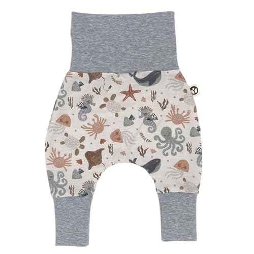 Handmade Baby Baggy Trousers, Handmade Cotton Jersey Grows with Your Gown, Sizes 50-74, 68-86, 92-104, Fairly Produced in Germany (Sea Creatures, 50-74)