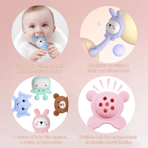 ABirdon Beißring Baby, 2 Stück Silikon Beißring mit Rassel, BPA-frei, Sensorisches Spielzeug für Babys 0-3 Jahre, Molar Beißring für Zahnfleisch