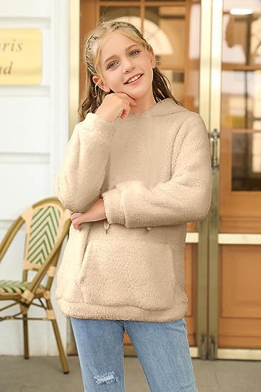 Runcati Girls' Hooded Pullover, Fuzzy Teddy Fleece Sweatshirts with Hood Pockets, Leisure, Warm, Children's Hoodies