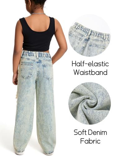 Happy Cherry Mädchen Jean Hosen Loch Wash Denim Blau Hose Kinder Elastische Taille Vintage Jeans Weites Bein Jeanshosen 130-160