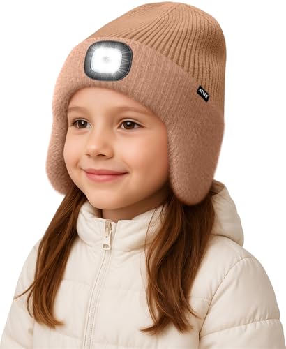 ATNKE Kinder LED Beleuchtete Ohrenklappen Mütze mit Licht,USB Wiederaufladbare 4 LED Laufmütze Stirnlampe Winter Warm Fleece Gefüttert Strick Mütze Geschenke für Jungen und Mädchen