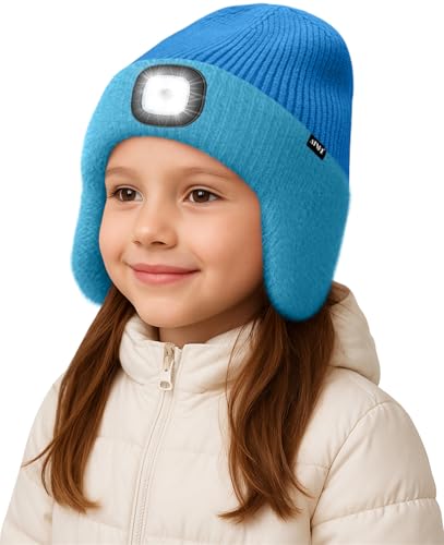 ATNKE Kinder LED Beleuchtete Ohrenklappen Mütze mit Licht,USB Wiederaufladbare 4 LED Laufmütze Stirnlampe Winter Warm Fleece Gefüttert Strick Mütze Geschenke für Jungen und Mädchen