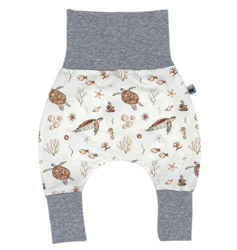 Handmade Baby Baggy Trousers, Handmade Cotton Jersey Grows with Your Gown, Sizes 50-74, 68-86, 92-104, Fairly Produced in Germany (Sea Creatures, 50-74)