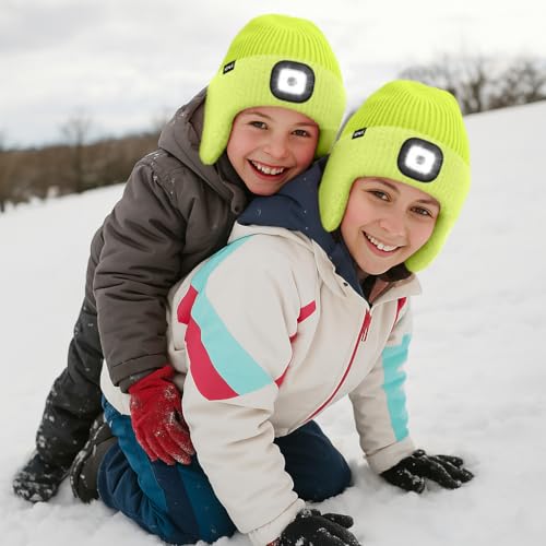 ATNKE Kinder LED Beleuchtete Ohrenklappen Mütze mit Licht,USB Wiederaufladbare 4 LED Laufmütze Stirnlampe Winter Warm Fleece Gefüttert Strick Mütze Geschenke für Jungen und Mädchen