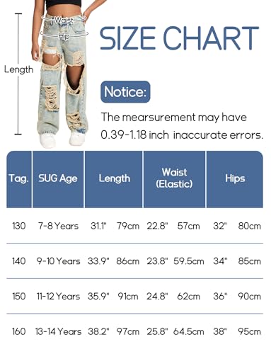 Happy Cherry Mädchen Jean Hosen Loch Wash Denim Blau Hose Kinder Elastische Taille Vintage Jeans Weites Bein Jeanshosen 130-160