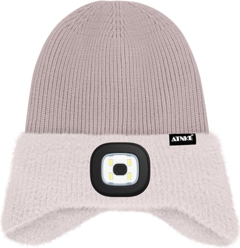 ATNKE Kinder LED Beleuchtete Ohrenklappen Mütze mit Licht,USB Wiederaufladbare 4 LED Laufmütze Stirnlampe Winter Warm Fleece Gefüttert Strick Mütze Geschenke für Jungen und Mädchen