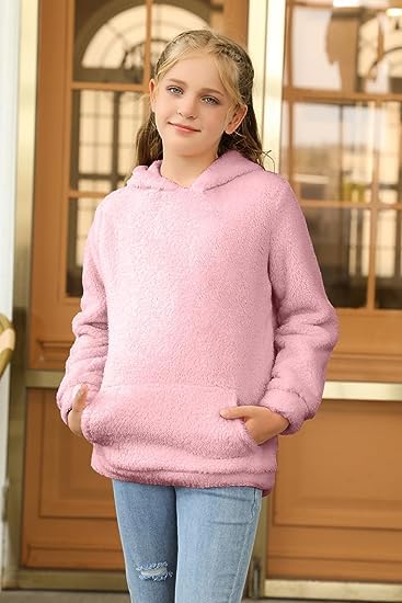 Runcati Girls' Hooded Pullover, Fuzzy Teddy Fleece Sweatshirts with Hood Pockets, Leisure, Warm, Children's Hoodies