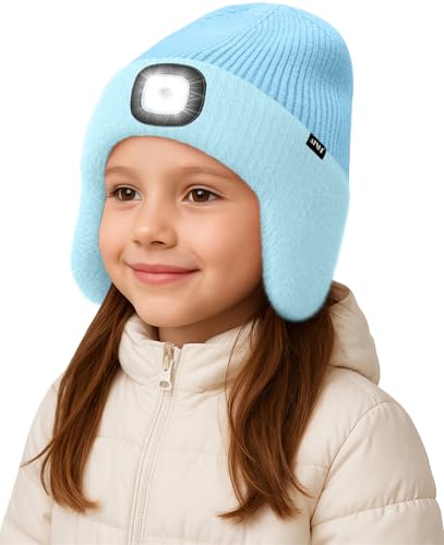 ATNKE Kinder LED Beleuchtete Ohrenklappen Mütze mit Licht,USB Wiederaufladbare 4 LED Laufmütze Stirnlampe Winter Warm Fleece Gefüttert Strick Mütze Geschenke für Jungen und Mädchen