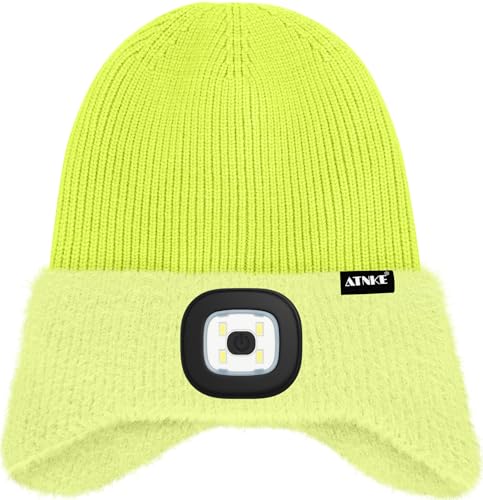ATNKE Kinder LED Beleuchtete Ohrenklappen Mütze mit Licht,USB Wiederaufladbare 4 LED Laufmütze Stirnlampe Winter Warm Fleece Gefüttert Strick Mütze Geschenke für Jungen und Mädchen
