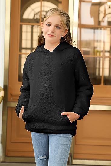 Runcati Girls' Hooded Pullover, Fuzzy Teddy Fleece Sweatshirts with Hood Pockets, Leisure, Warm, Children's Hoodies