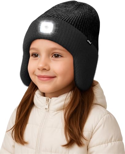 ATNKE Kinder LED Beleuchtete Ohrenklappen Mütze mit Licht,USB Wiederaufladbare 4 LED Laufmütze Stirnlampe Winter Warm Fleece Gefüttert Strick Mütze Geschenke für Jungen und Mädchen