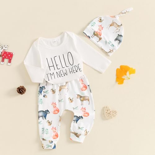 Geagodelia Neugeborene Baby Kleidung Set Junge Hello Im New Here Langarm Body und Hose Baumwolle Bekleidungssets für Baby Jungen Babykleidung Set Herbst Winter Outfits mit Mütze