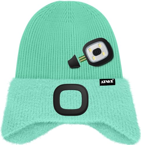 ATNKE Kinder LED Beleuchtete Ohrenklappen Mütze mit Licht,USB Wiederaufladbare 4 LED Laufmütze Stirnlampe Winter Warm Fleece Gefüttert Strick Mütze Geschenke für Jungen und Mädchen