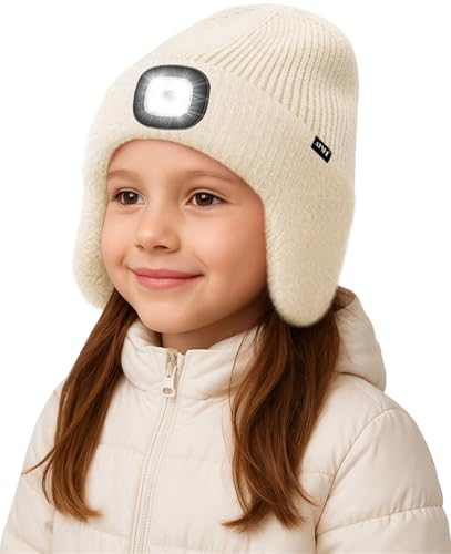 ATNKE Kinder LED Beleuchtete Ohrenklappen Mütze mit Licht,USB Wiederaufladbare 4 LED Laufmütze Stirnlampe Winter Warm Fleece Gefüttert Strick Mütze Geschenke für Jungen und Mädchen