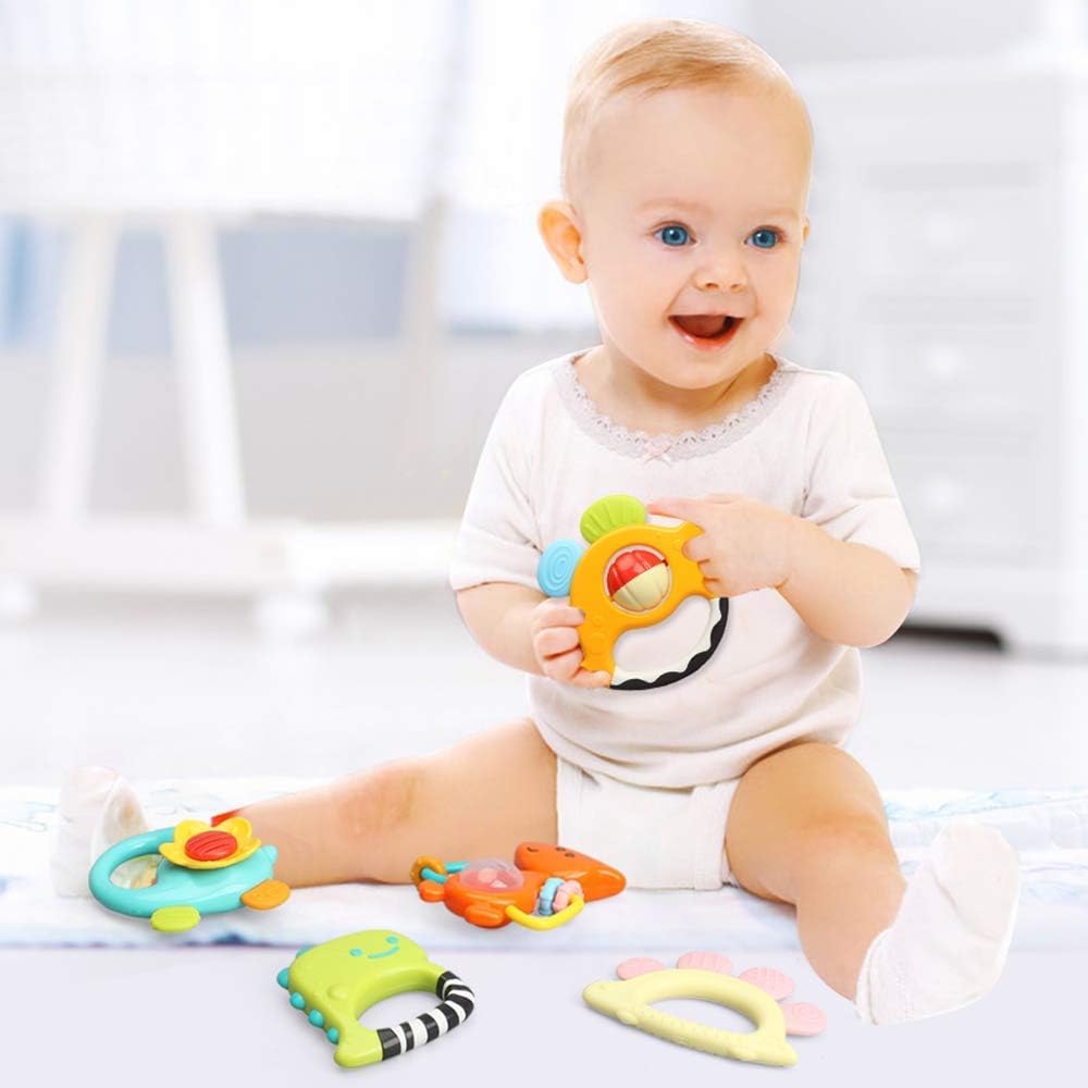 TINOTEEN Baby Rattles Spielzeugset, 5 Stück Beißring Shaker Grab Spin Rassel Spielzeug für 3 6 9 12 18 Monate Babys Neugeborenes