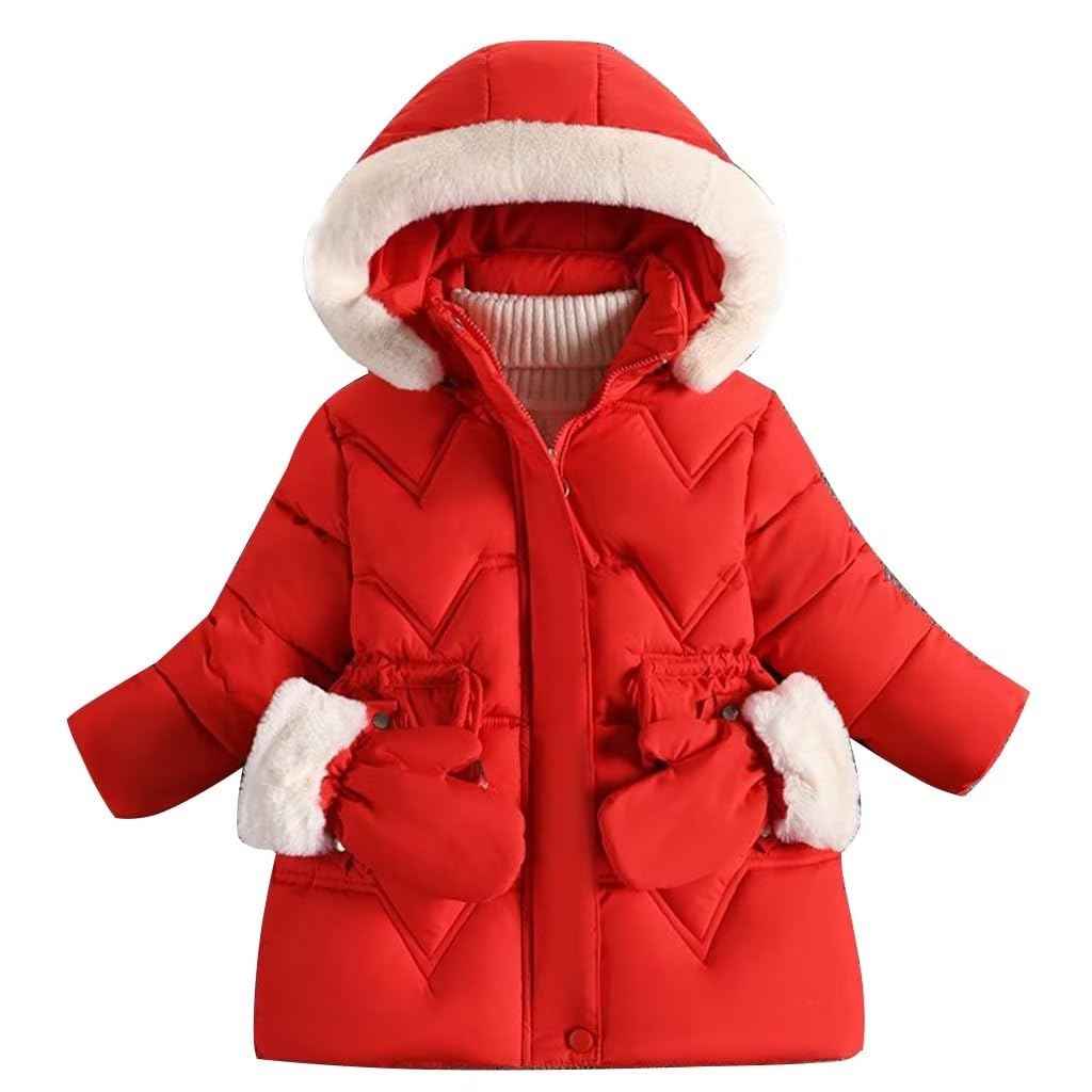 linboo Children's Winter Jacket Girls Jacket Lined Warm Winter Coat Outdoor Hooded Jacket Windproof Parka with Plush Gloves Quilted Jacket